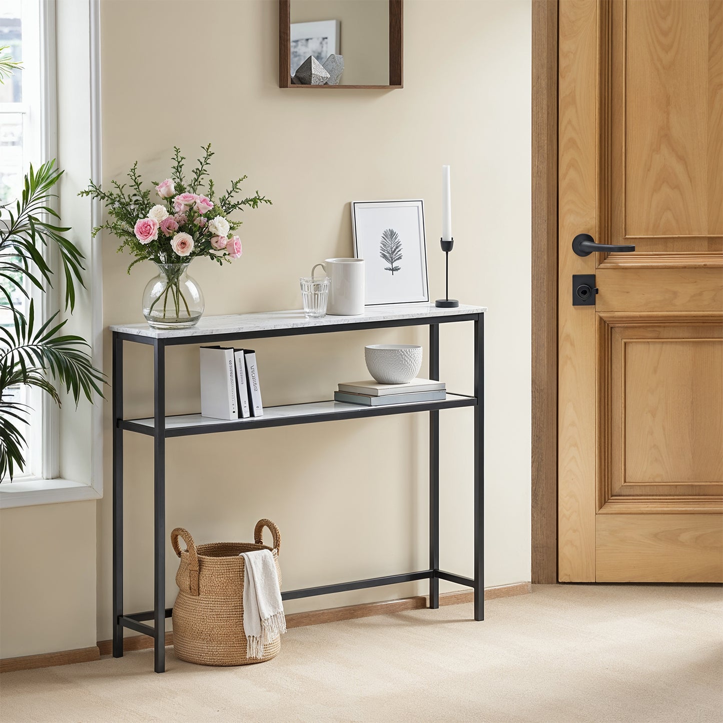31.5" Modern Console Table, 2-Tier Narrow Sofa Table with Adjustable Feet, Entryway Shelf, Marble White and Black