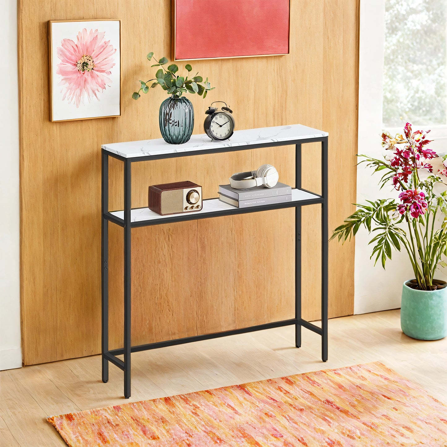 31.5" Modern Console Table, 2-Tier Narrow Sofa Table with Adjustable Feet, Entryway Shelf, Marble White and Black