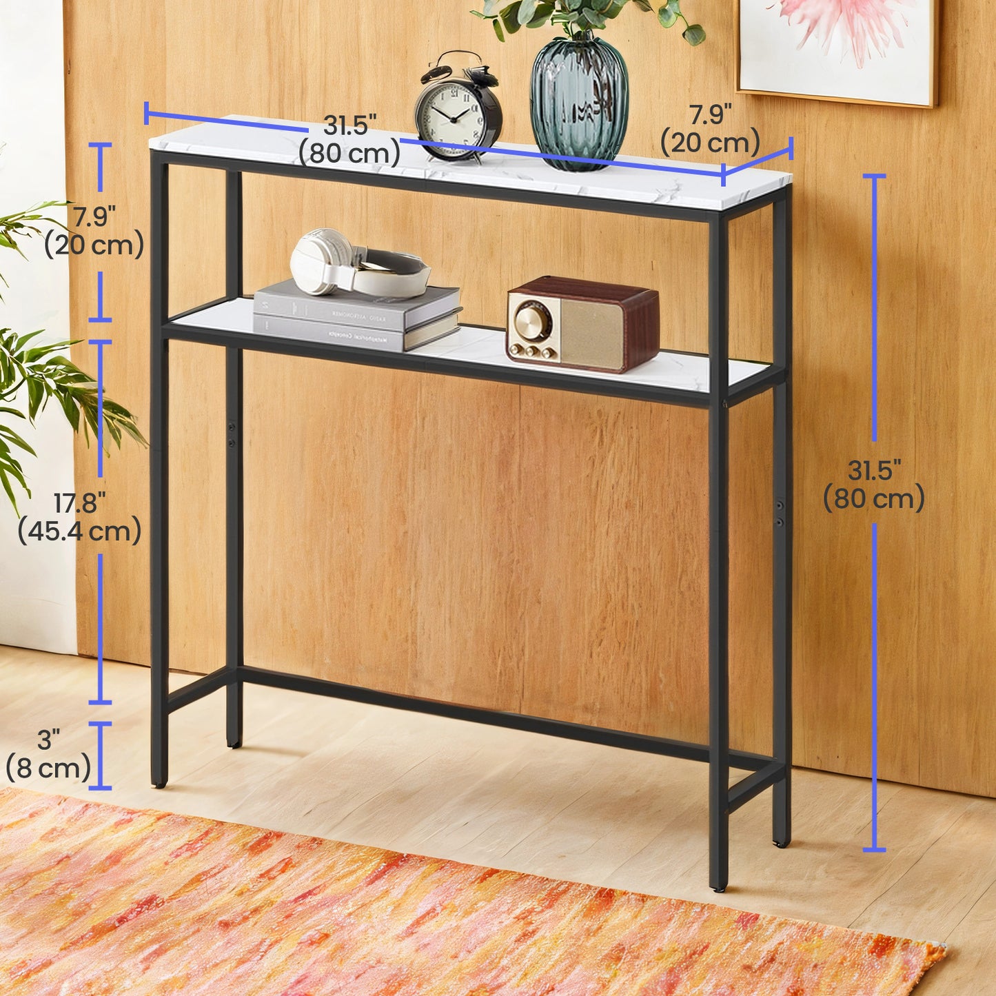 31.5" Modern Console Table, 2-Tier Narrow Sofa Table with Adjustable Feet, Entryway Shelf, Marble White and Black