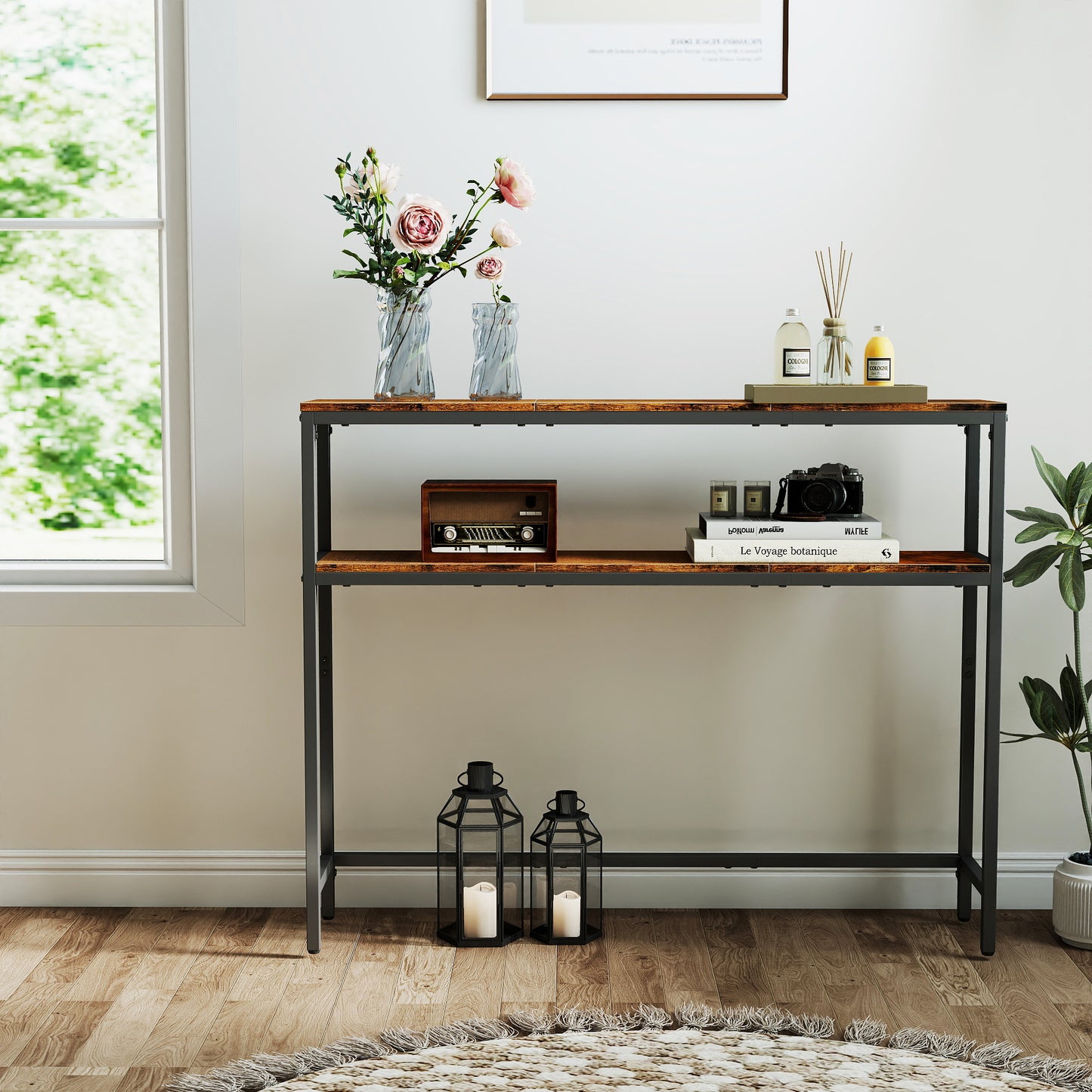 2-Tier Console Table with Shelves, Narrow Entryway or Sofa Table, 39.4-Inch Modern Living Room Table, Adjustable Feet, Rustic Brown and Ink Black