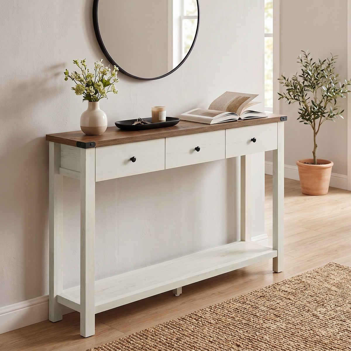 LEDREM Console Table with 3 Drawers, Narrow Entryway Table with Storage for Living Room, 47.2 x 9.5 x 29.9 Inches, White