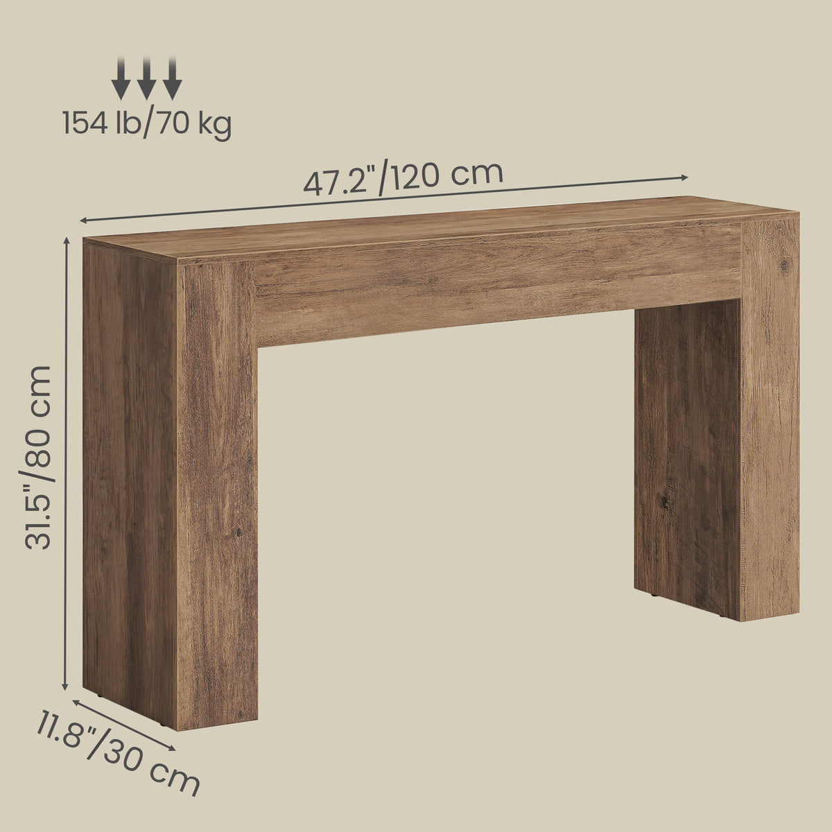 Long Console Table, Farmhouse Entryway Table with Thick Top, U-Shaped Design for Hallway Behind Couch Living Room, 47.2" Wide, Honey Brown
