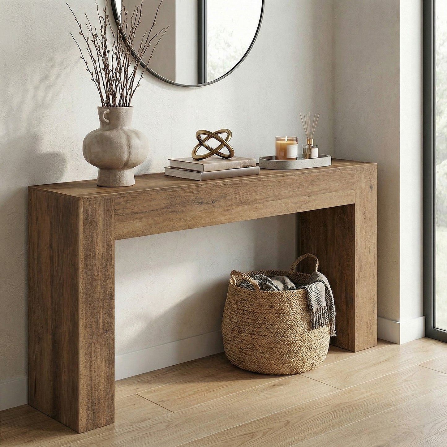 Long Console Table, Farmhouse Entryway Table with Thick Top, U-Shaped Design for Hallway Behind Couch Living Room, 63" Wide, Honey Brown