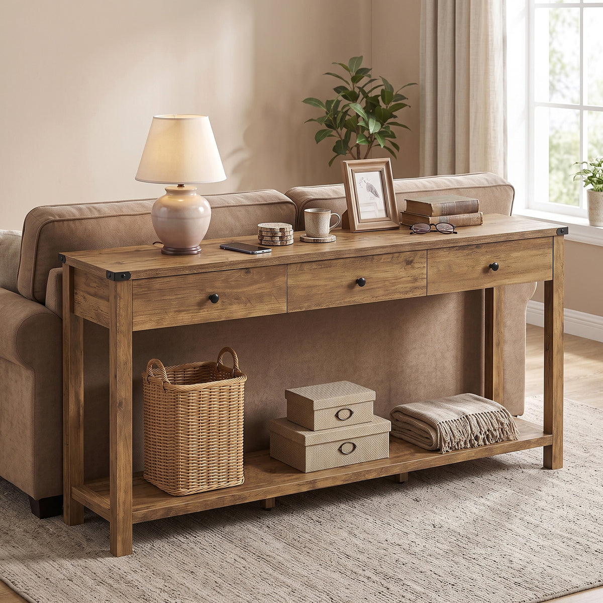 Console Table with 3 Drawers, Narrow Entryway Table with Storage for Living Room, 63 x 9.4 x 29.9 Inches, Warm Brown