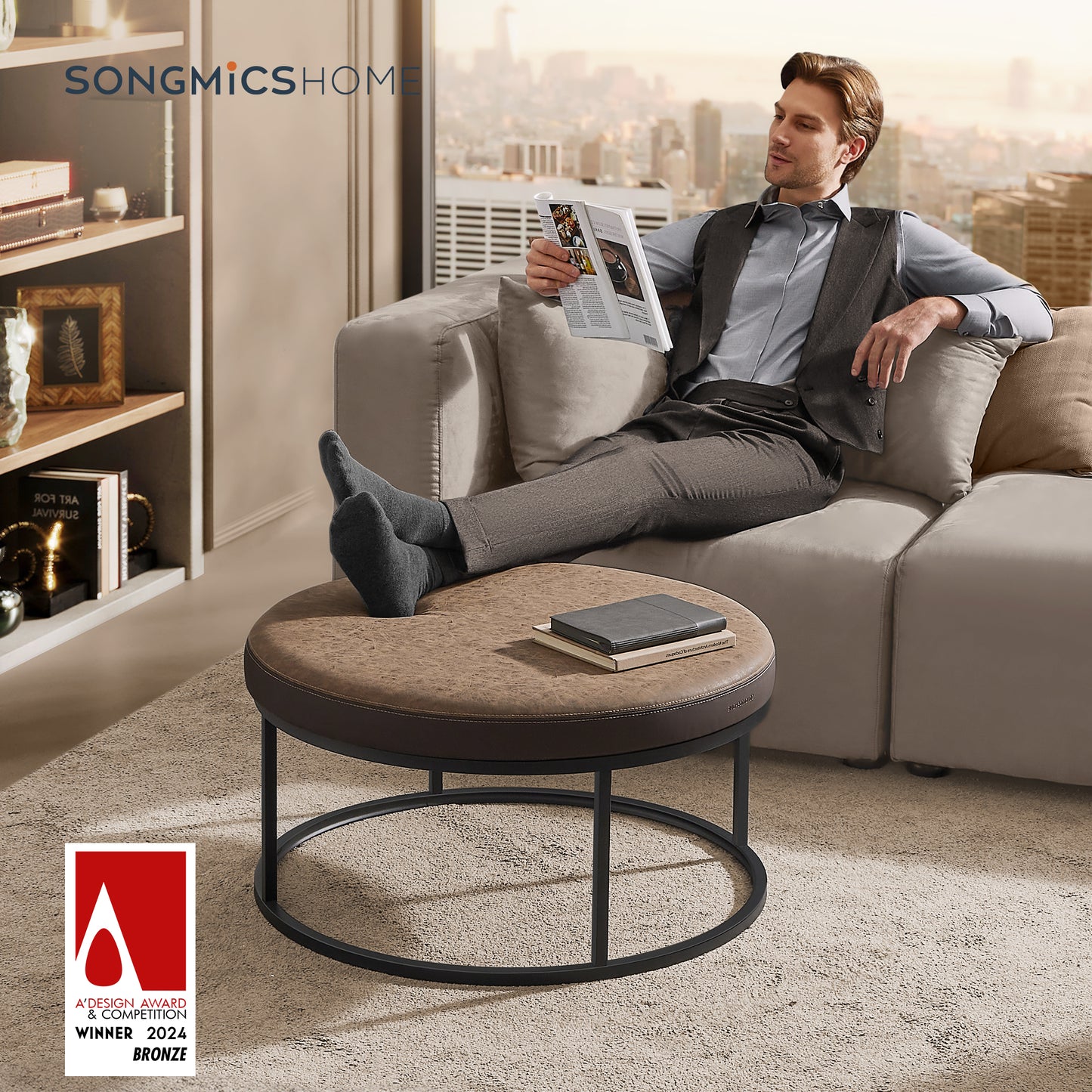 Round Ottoman with Reversible Top, Coffee Table, Footstool, Padded Seat, Side Table, Steel Frame, Max Load 660 lb, Walnut Brown