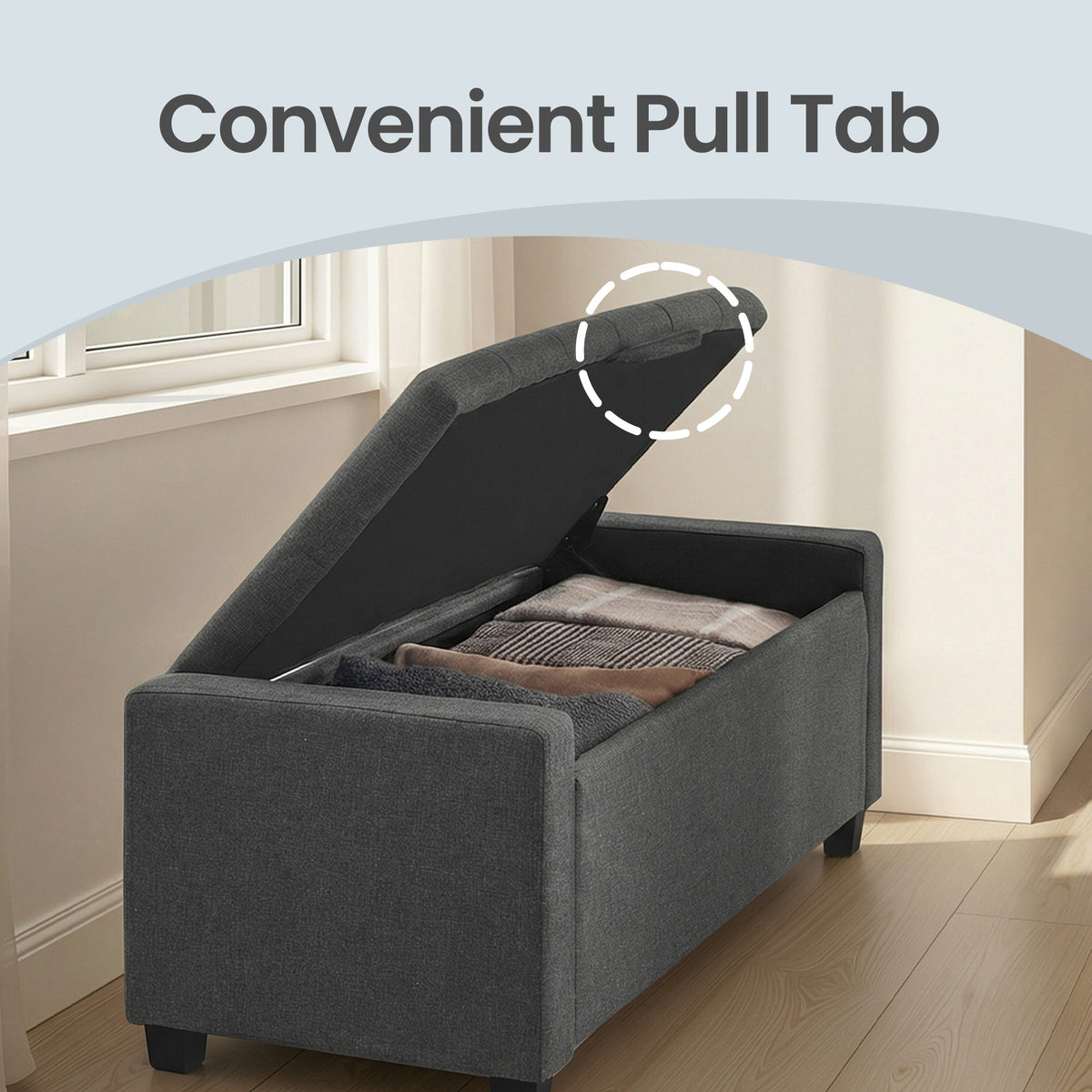 Storage Ottoman Bench with Safety Hinges, 47.6 Inch End of Bed Storage Chest with Legs and Tufted Linen Fabric, Slate Gray