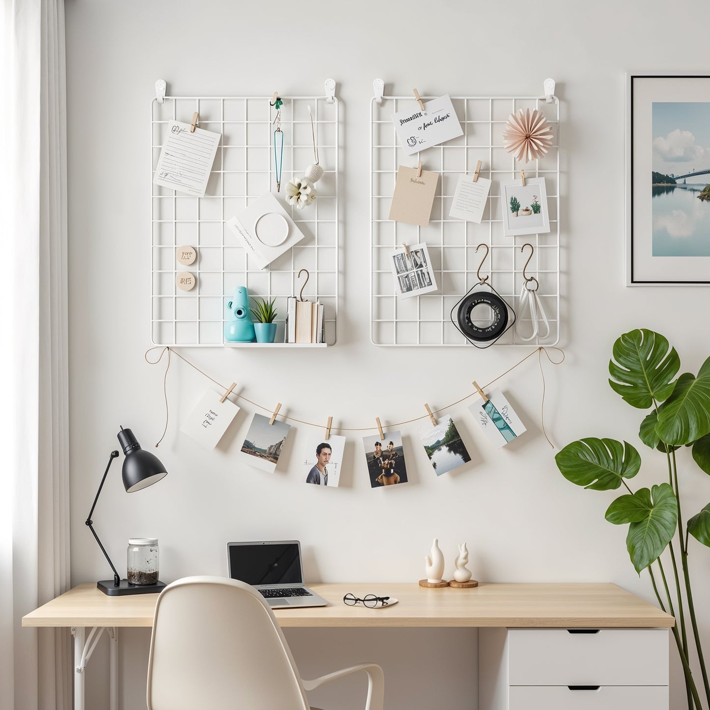 Set of 2 Metal Wall Grid Panels - 16.5"x12.2" DIY Photo Display with S Hooks, Clips & Hemp Cord - Multi-Purpose Organizer for Photos, White