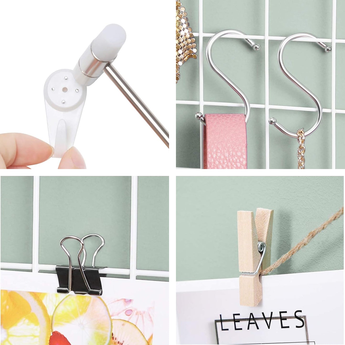 Set of 2 Metal Wall Grid Panels - 16.5"x12.2" DIY Photo Display with S Hooks, Clips & Hemp Cord - Multi-Purpose Organizer for Photos, White