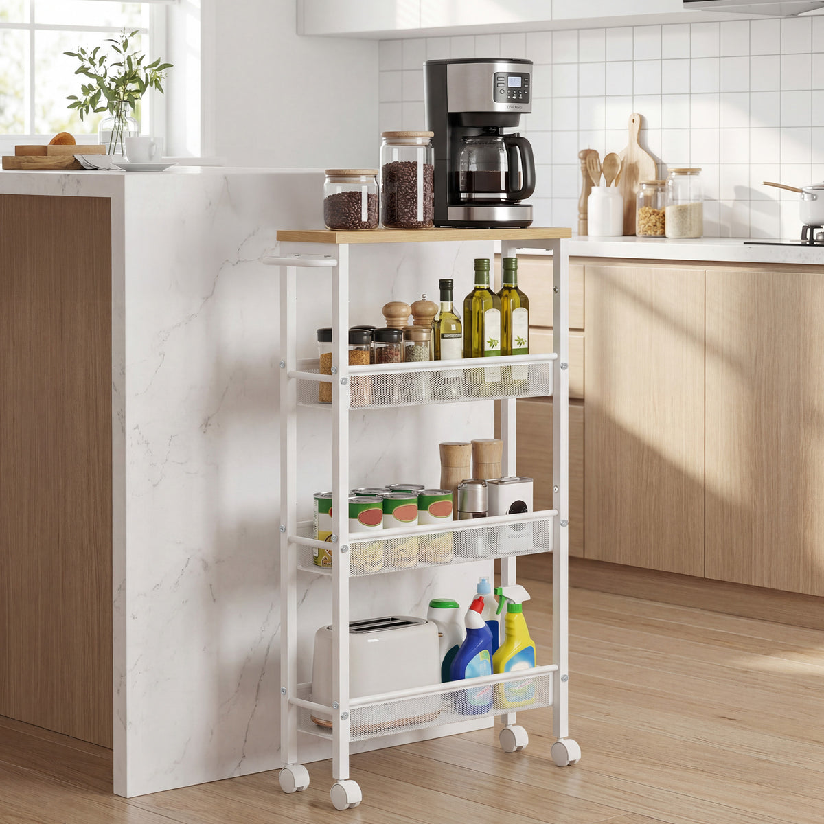LEDREM 4-Tier Slim Rolling Cart, Storage Cart, Narrow Cart with Handle, for Kitchen, Dining Room, Living Room, Home Office, Oak and White