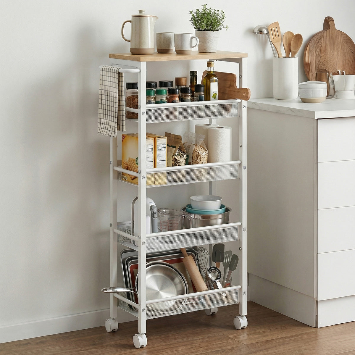LEDREM 5-Tier Slim Rolling Cart, Storage Cart, Narrow Cart with Handle, for Kitchen, Dining Room, Living Room, Home Office, Yellow