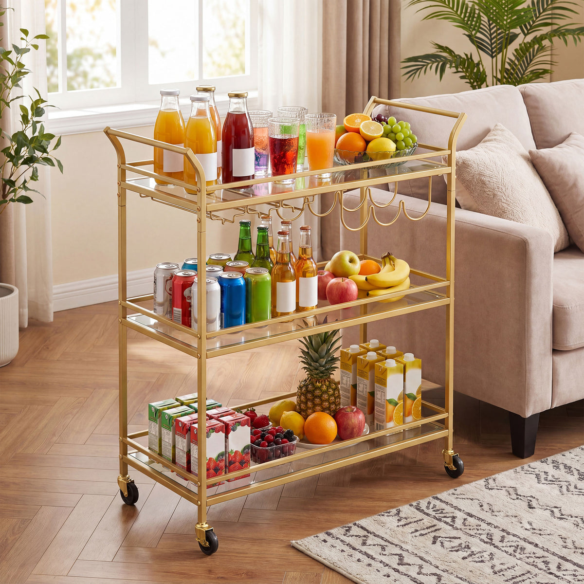 LEDREM Large Bar Cart with 3-Tier Mirrored Shelves, Wine Rack and Glass Holders for Kitchen or Home Bar, Gold
