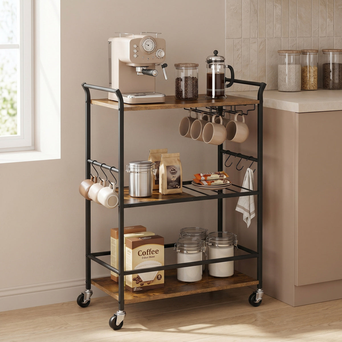 3-Tier Mobile Bar Cart with Wine Rack and Hooks, Serving Cart on Wheels, 25.4 x 12.6 x 33.7 Inches, Rustic Brown