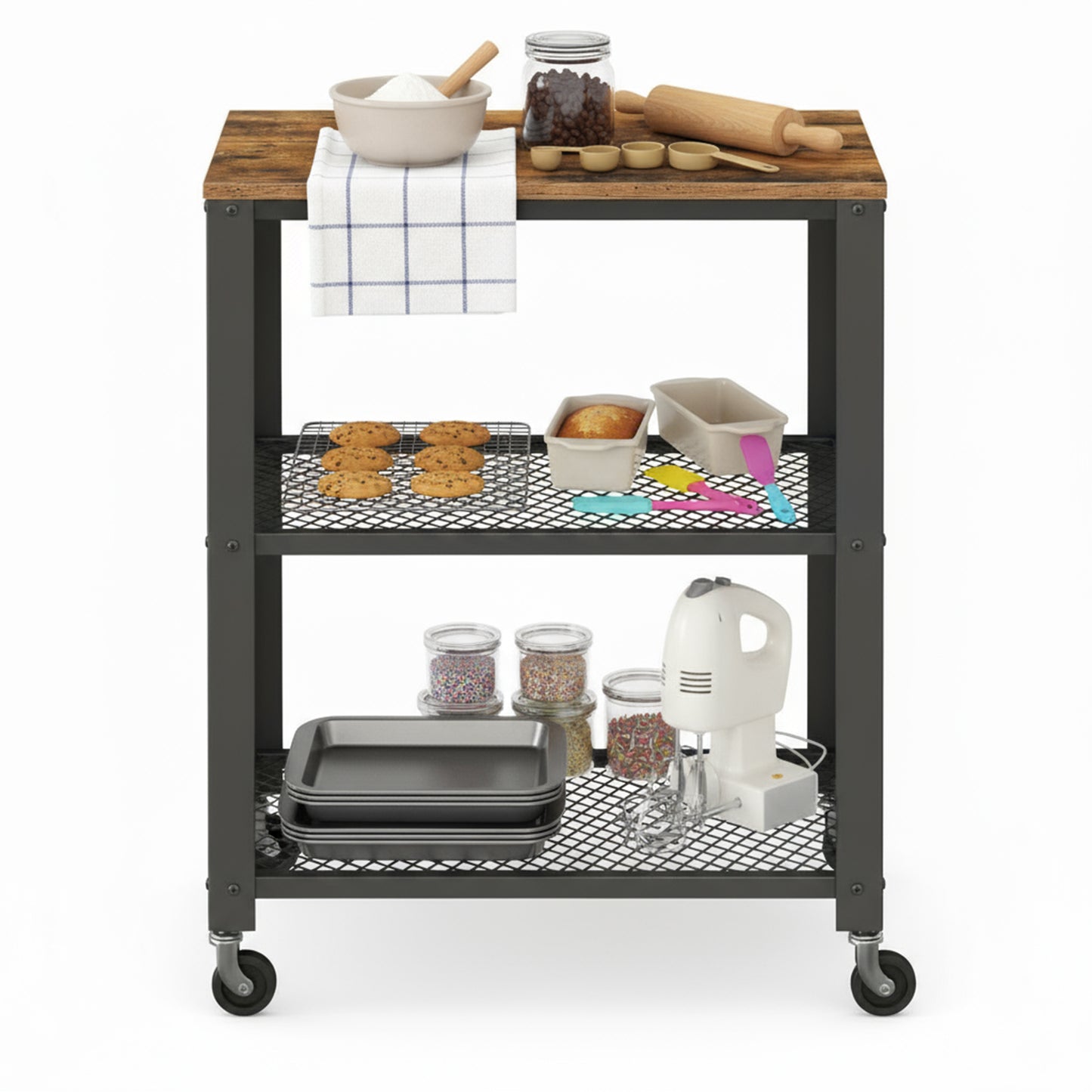 3-Tier Serving Cart on Wheels, Industrial Kitchen Utility Trolley with Storage Shelves, Mobile or Stationary, Steel Frame, Rustic Brown and Black