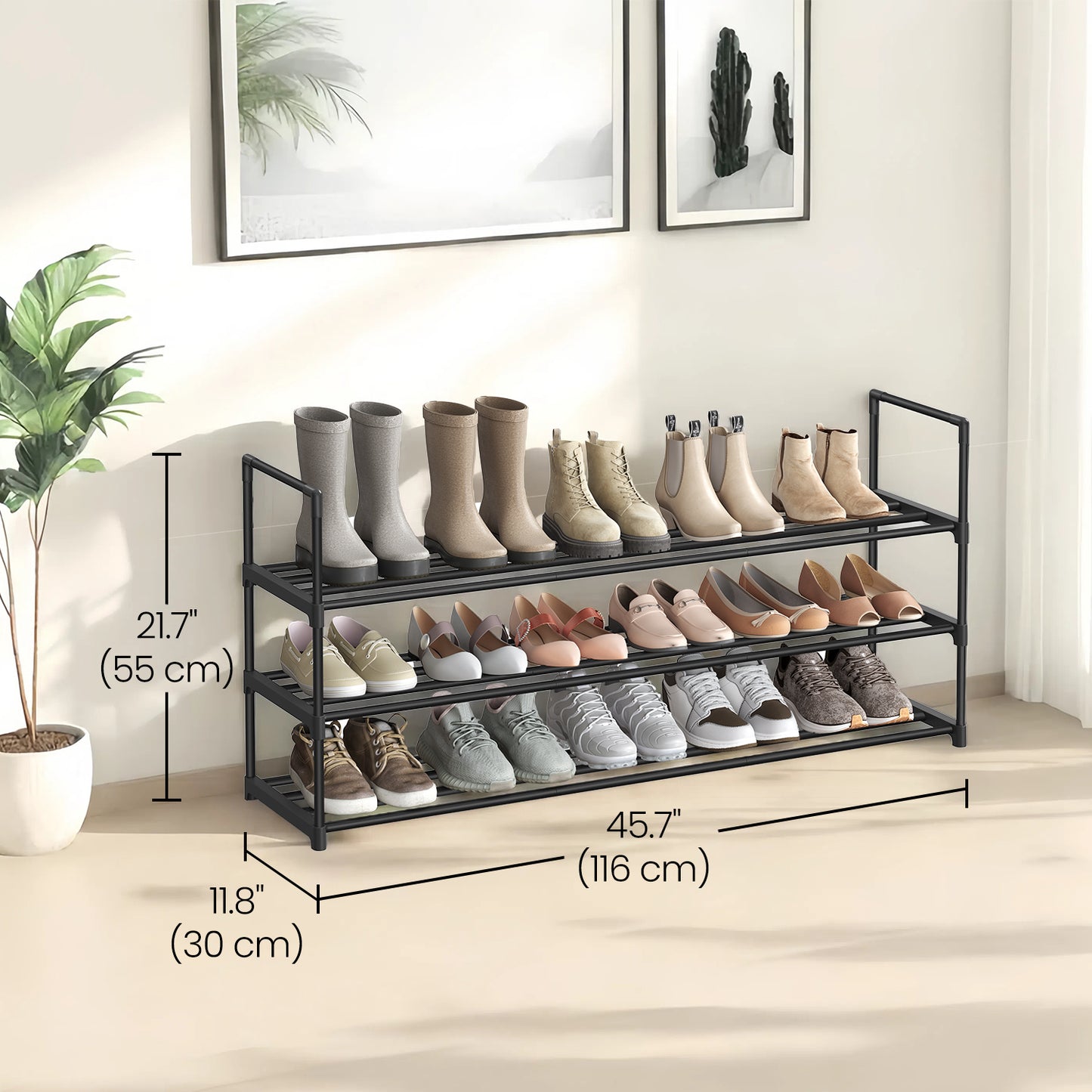 3-Tier Metal Shoe Rack Organizer – Stackable, Space-Saving Storage Shelf for 20-24 Pairs, Upright or Upside Down, Entryway & Closet Use, Black