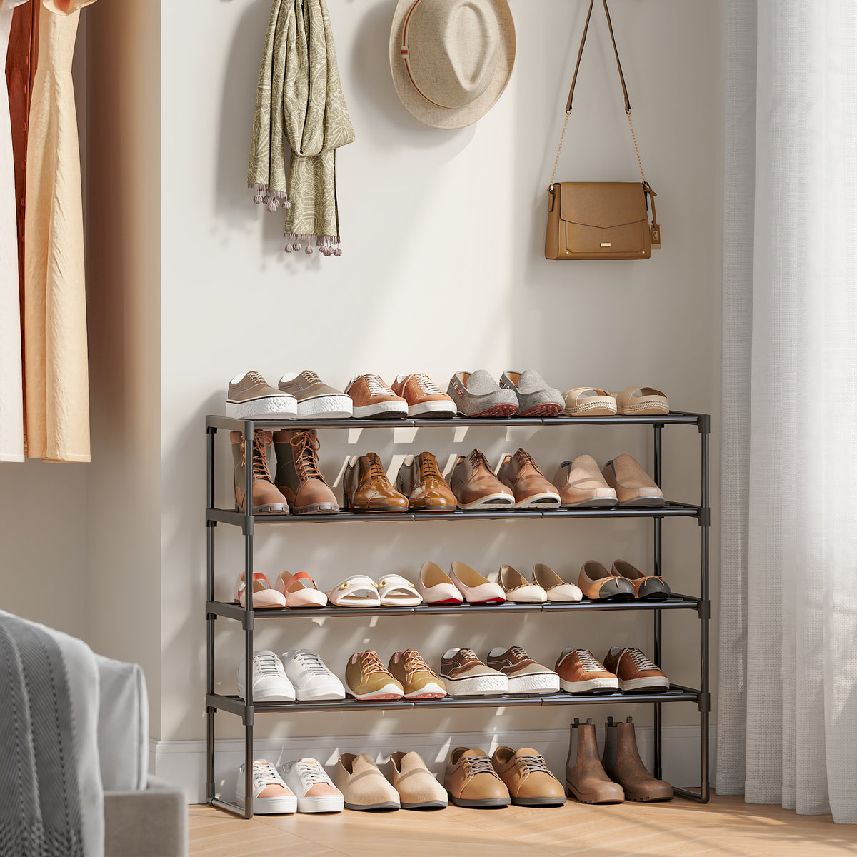 LEDREM 4-Tier Steel, PP Plastic Shoe Storage Shelf, Stackable Shoe Organizer, for Entryway, Black