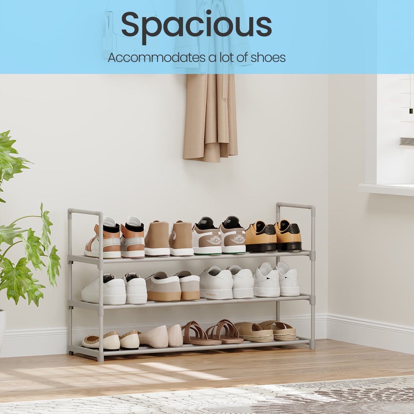 3-Tier Stackable Shoe Rack Organizer, Heavy-Duty Metal Frame, Upright or Inverted Storage, Holds 16-20 Pairs, Space-Saving for Entryway, Closet, or Dorm, Gray
