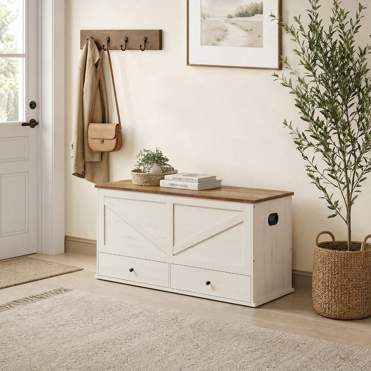 LEDREM Storage Bench, Farmhouse Entryway Bench with 2 Drawers, Wooden Blanket Chest, 39.4 x 15.7 x 19.9 Inches, White and Tan