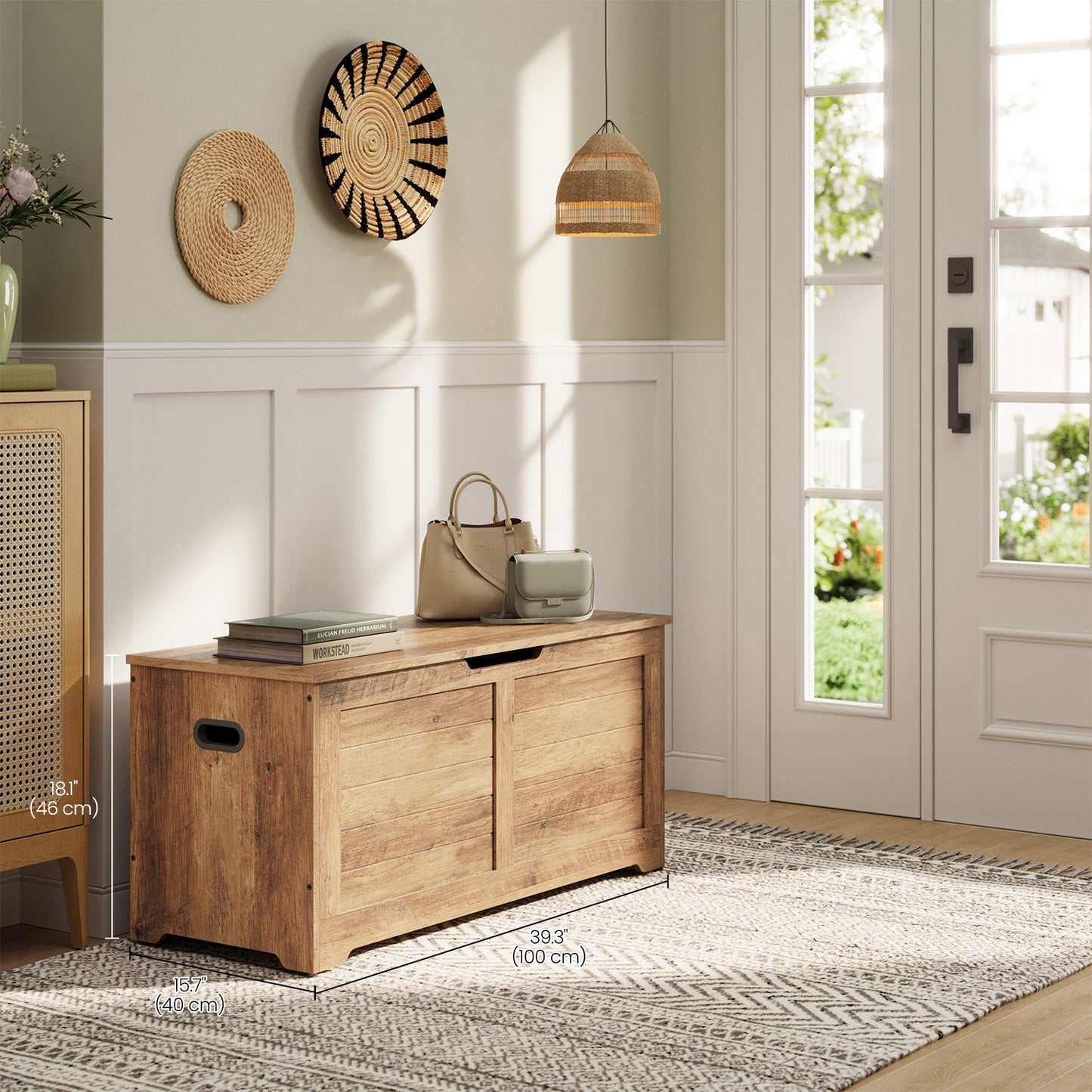 Farmhouse Storage Bench - 39.4" Wide Chest with Safety Hinges, 300lb Capacity, Entryway, Bedroom Organizer, Honey Brown