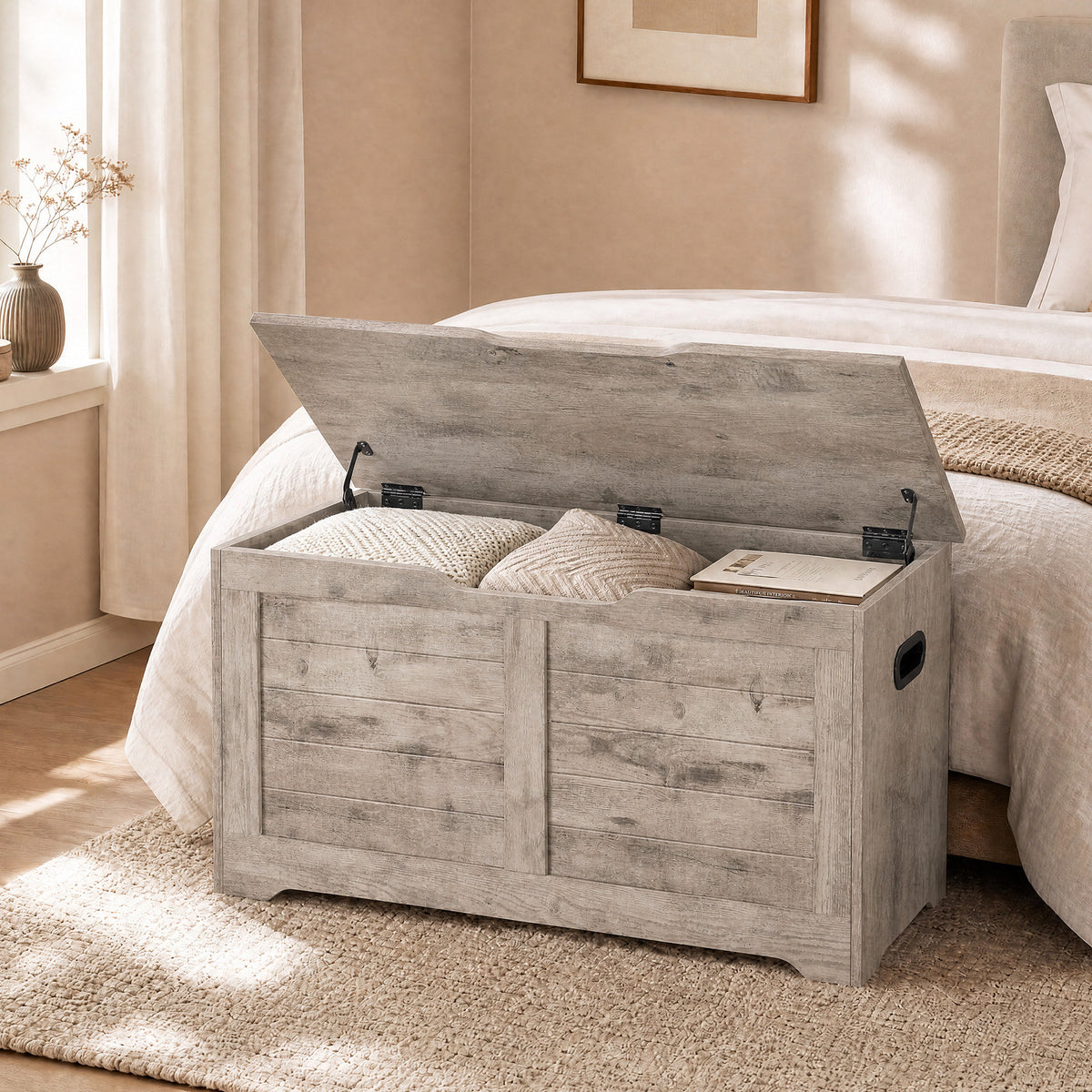 Storage Chest, Storage Bench with 2 Safety Hinges, Farmhouse Style, for Entryway, Bedroom, Living Room, Beige