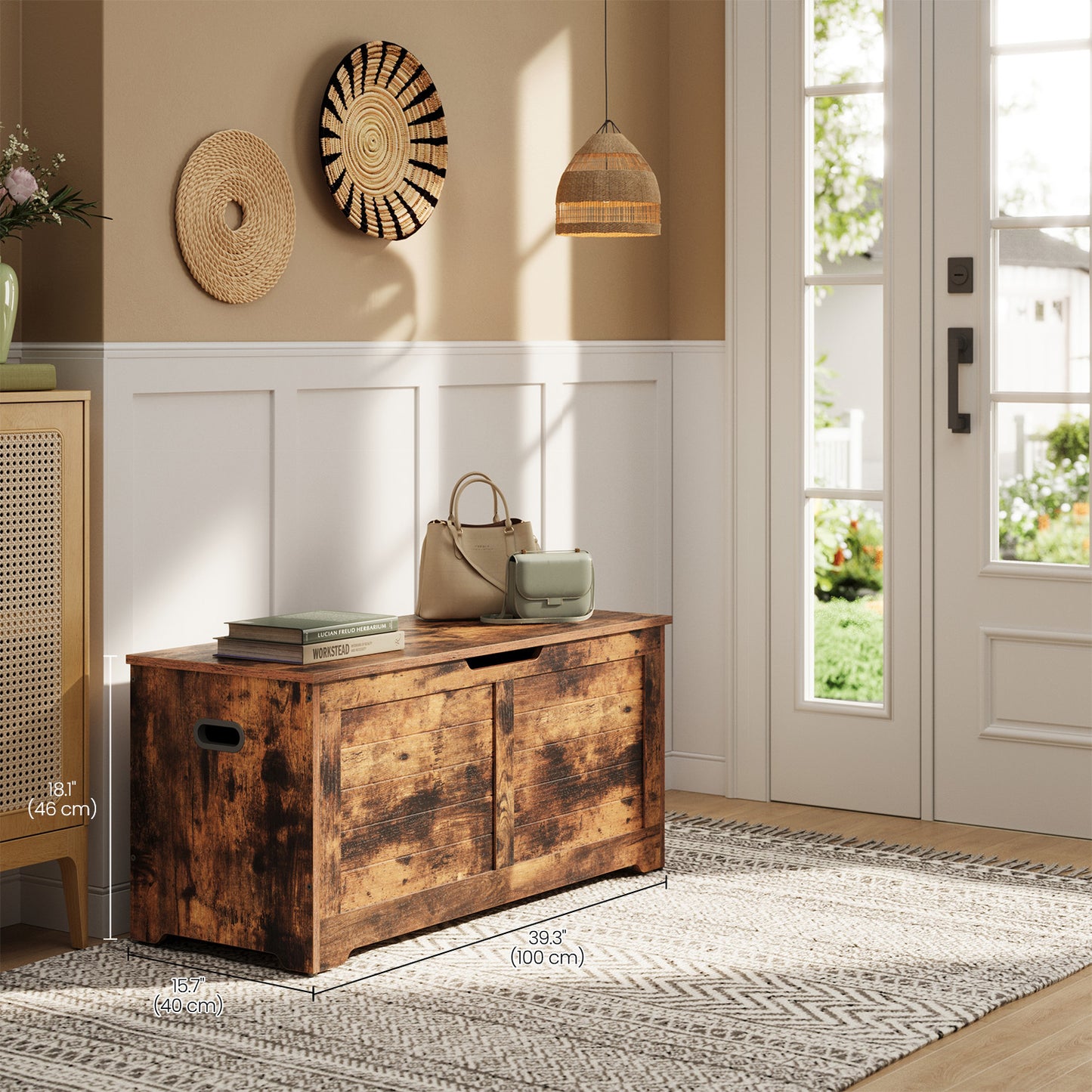 Farmhouse Style Storage Bench with 2 Safety Hinges, 300lb Capacity, Entryway, Bedroom, Living Room Organizer, Rustic Brown