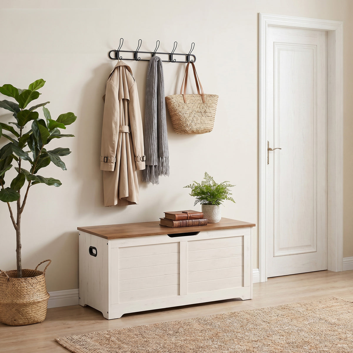 LEDREM Storage Chest, Storage Bench with 2 Safety Hinges, Farmhouse Style, for Entryway, Bedroom, Living Room, White and Tan