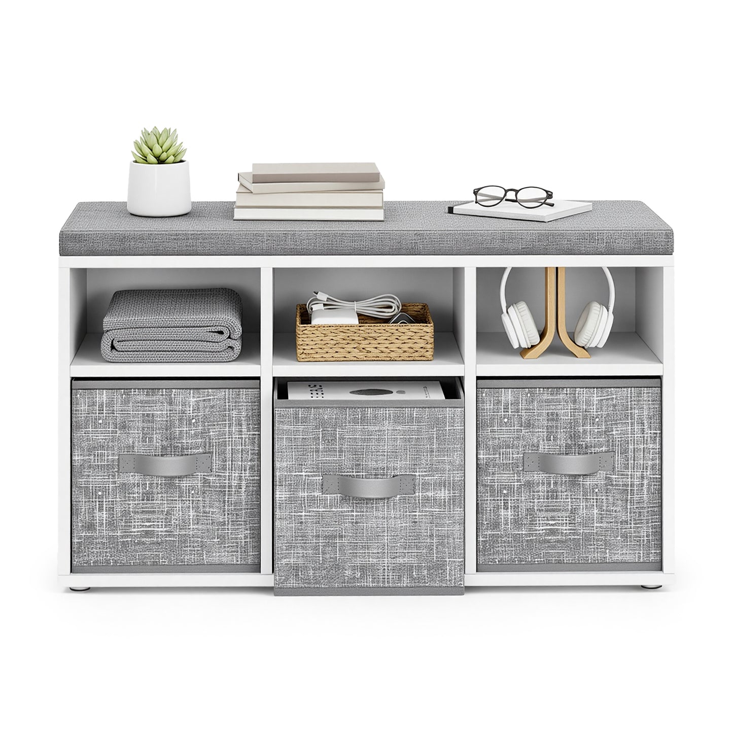 Shoe Storage Bench with Cushion, 6-Compartment Entryway Bench with 3 Adjustable Shelves and 3 Storage Boxes, Cloud White