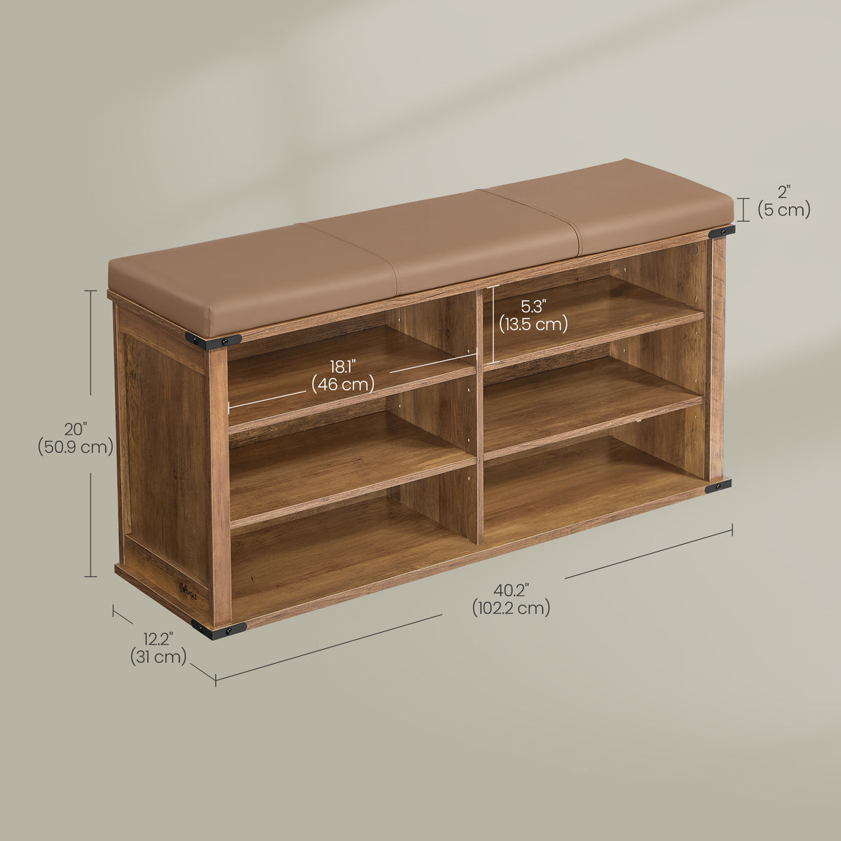 Shoe Storage Bench with Removable Cushion, Entryway Bench with Padded Seat, 6 Open Compartments, Adjustable Shelves, Honey Brown