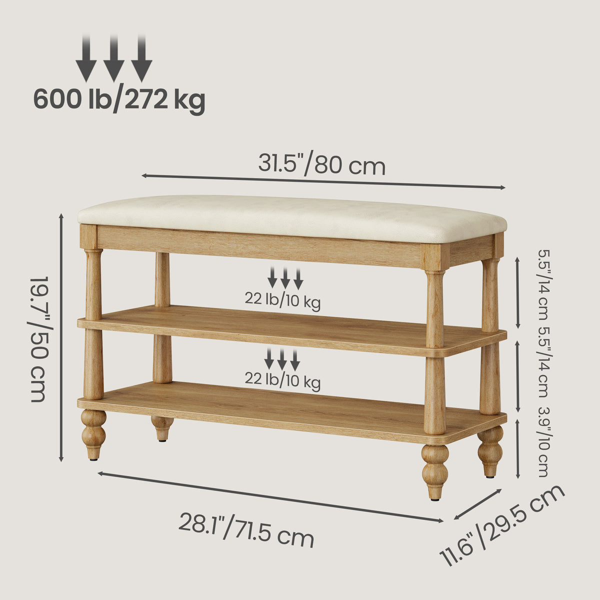 Entryway Shoe Bench with Padded Seat, 2-Tier Wooden Storage Rack, 31.5 x 11.6 x 19.7 inches, Brown