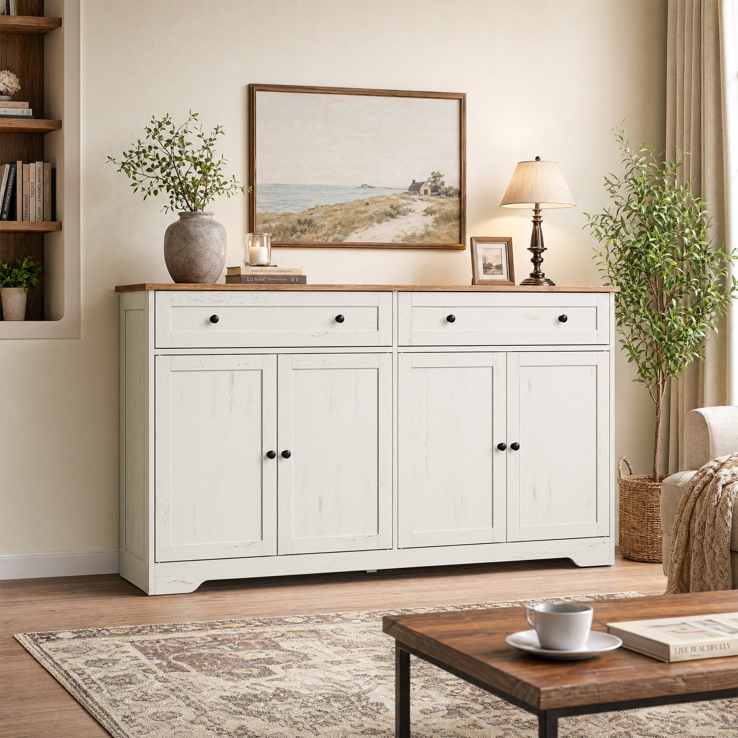 Farmhouse Buffet Cabinet, Coffee Bar Sideboard with 2 Drawers & Adjustable Shelves, 4 Doors, 55.1" Wide, Rustic White and Honey Brown