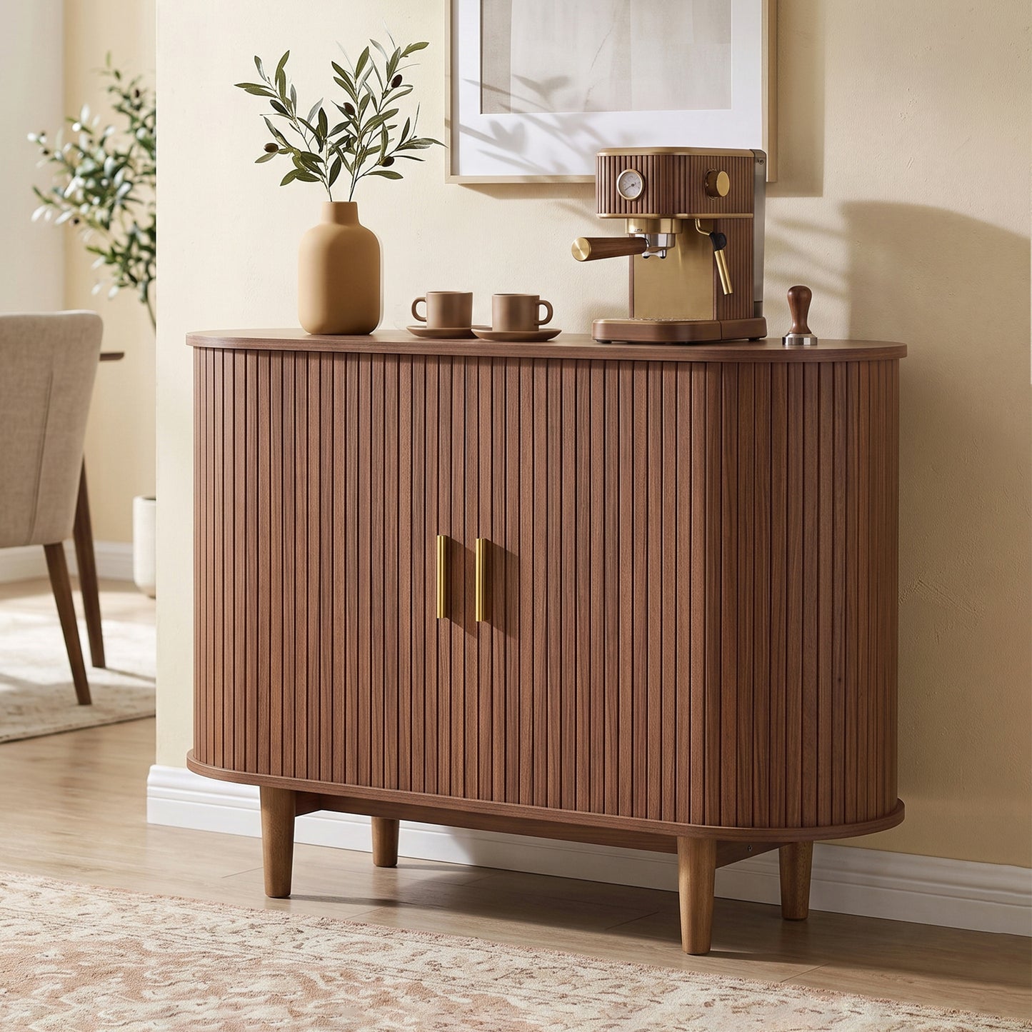 Curved Mid-Century Modern Sideboard Storage Cabinet with Sliding Doors, 39.4 x 15.7 x 29.5 inches, Walnut