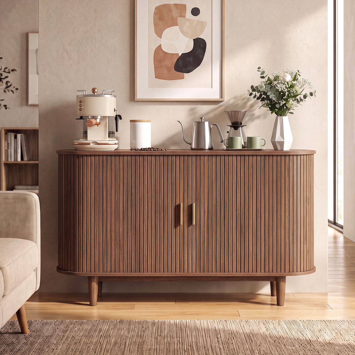 Curved Mid-Century Modern Sideboard Storage Cabinet with Sliding Doors, 55.1 x 15.7 x 29.5 inches, Chestnut Walnut