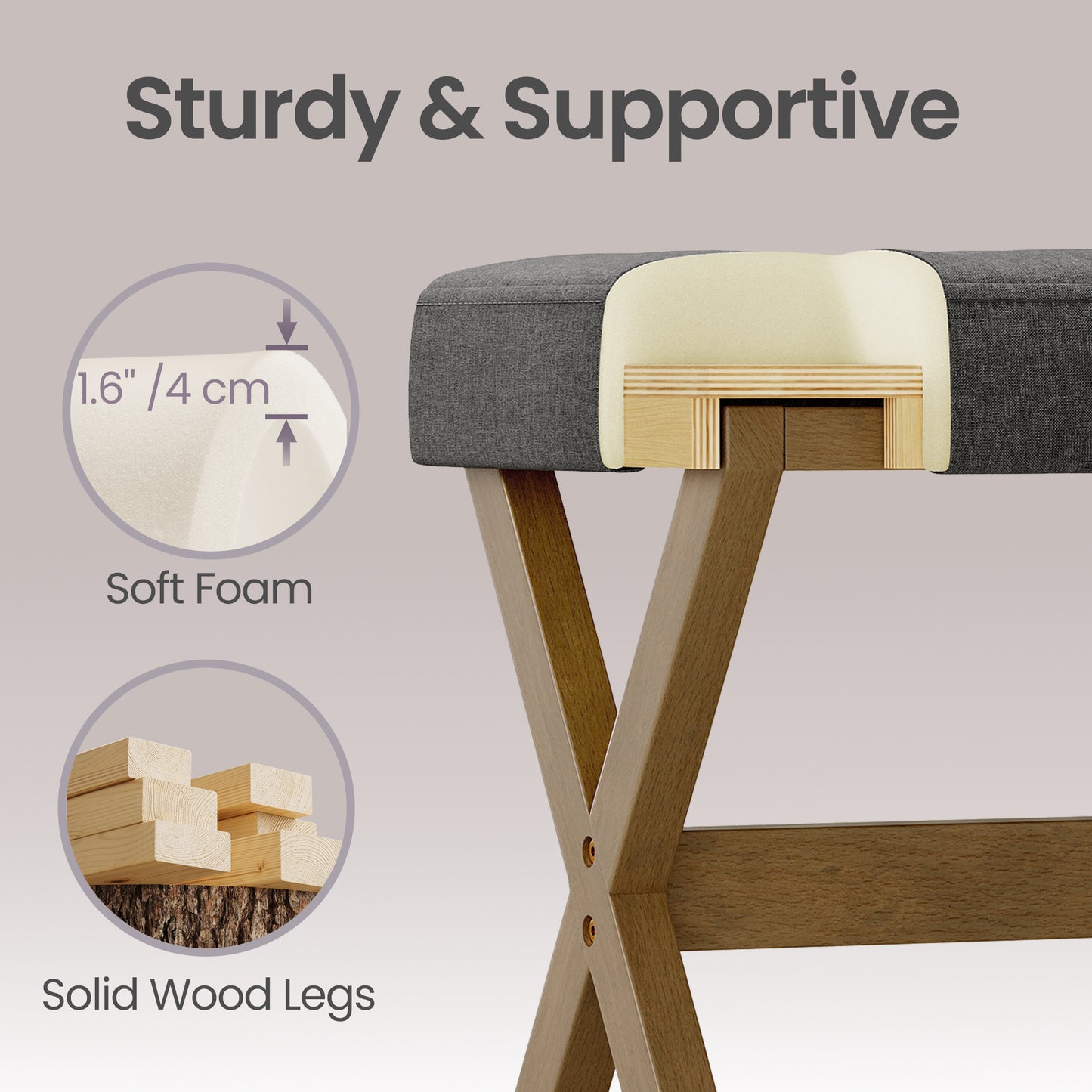 Makeup Stool with Solid Wood X-Legs, Padded Vanity Stool, Footrest for Bedroom, Entryway, 16.5 x 18.1 x 12.6 Inches, Slate Gray and Brown