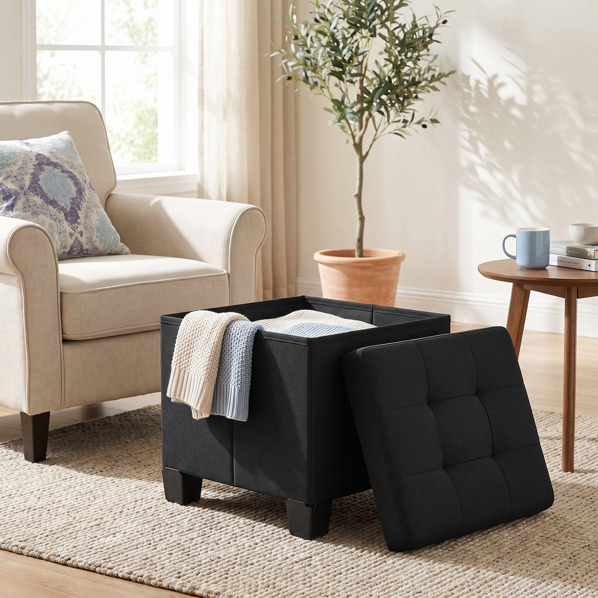 LEDREM Collapsible Storage Ottoman, Upholstered Foot Stool with Cushion, 15.8 x 12.6 x 13.2 Inches, Black