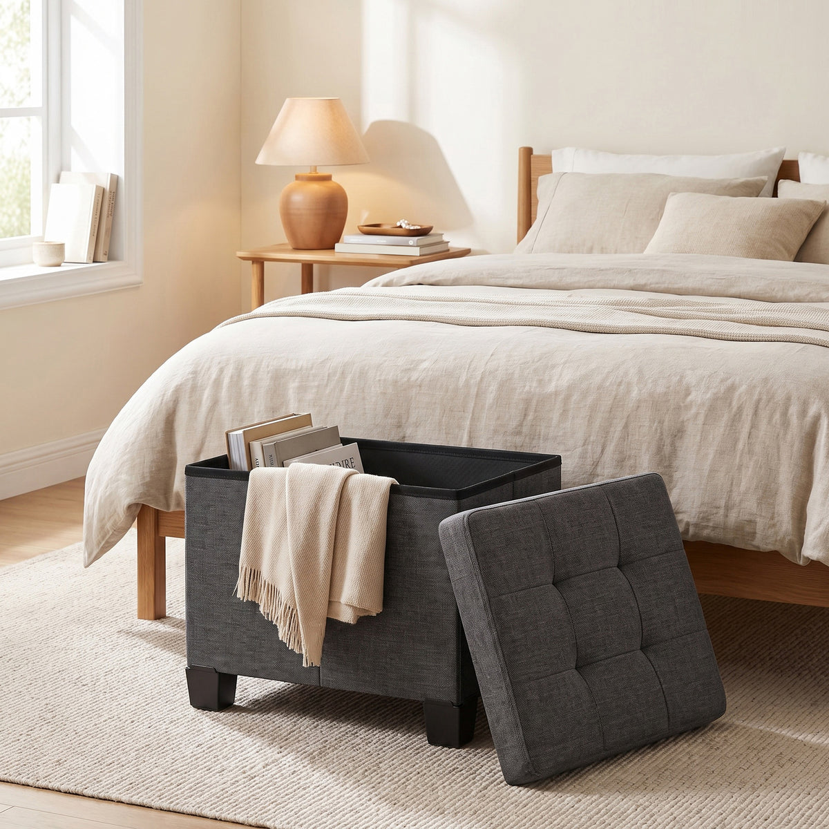 LEDREM Collapsible Storage Ottoman, Upholstered Foot Stool with Cushion, 15.8 x 12.6 x 13.2 Inches, Gray and Black