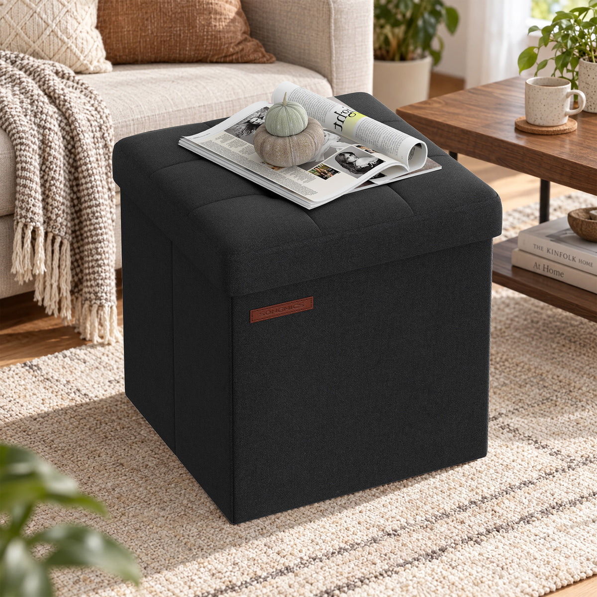 LEDREM Small Folding Storage Stool Bench, Footstool with Storage Box for Living Room, Bedroom or Dorm, Black