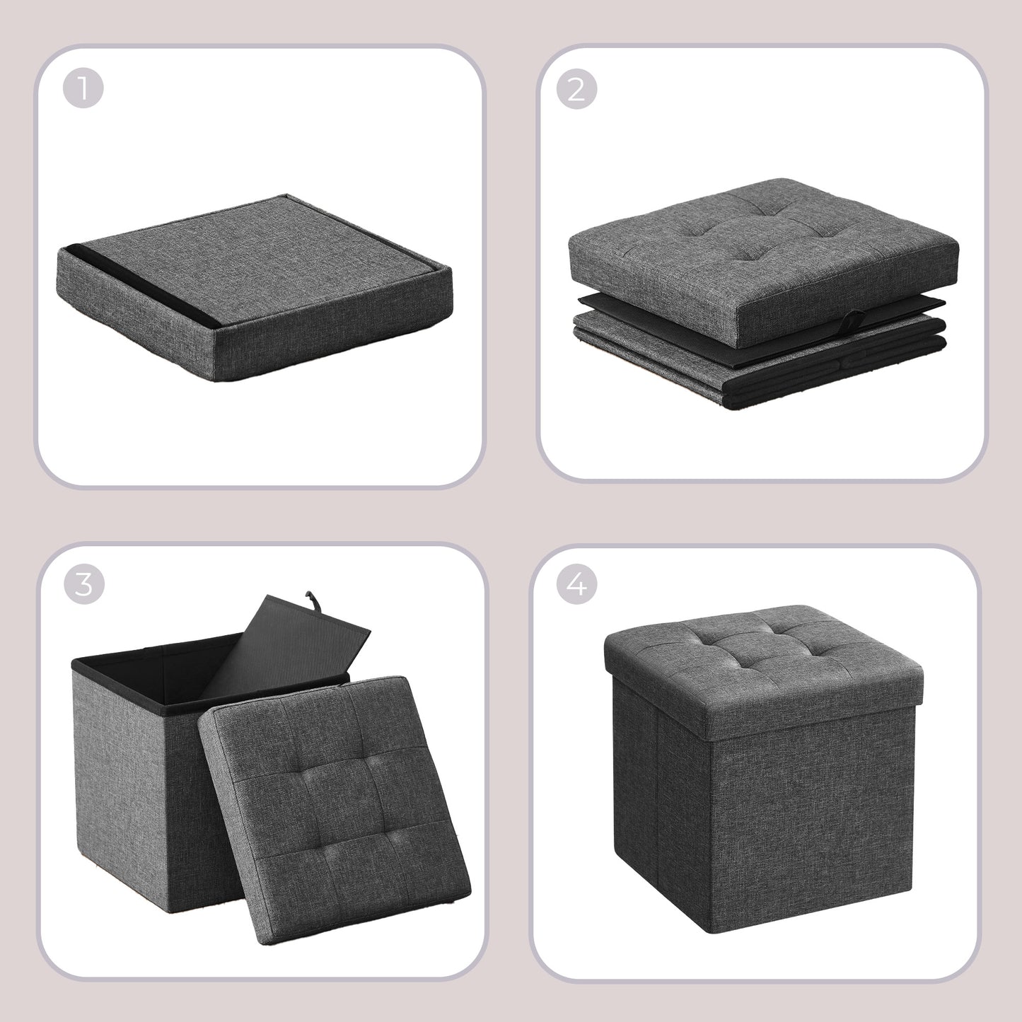 11.8 Inch Folding Storage Ottoman Cube, Footrest Stool with Tufted Linen-Look Cover for Living Room and Bedroom, Dark Gray