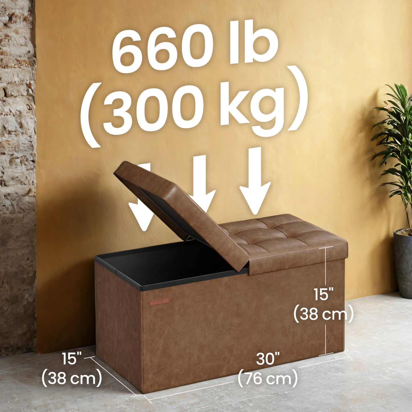 Storage Ottoman - 30" Flip-Top Bench, 660lb Capacity, 24-Gallon Storage, Synthetic Leather, Multi-Functional, Coffee Brown