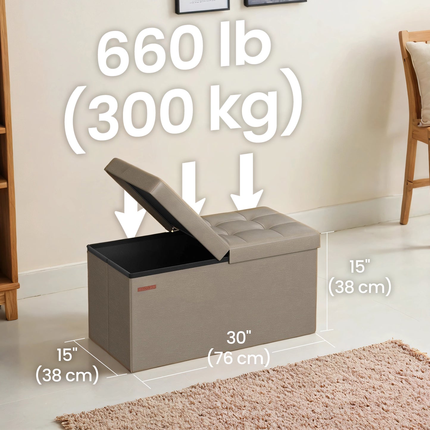 30" Foldable Storage Ottoman Bench, 660lb Capacity, Multi-Use Footstool & Chest, Synthetic Leather, Camel Brown