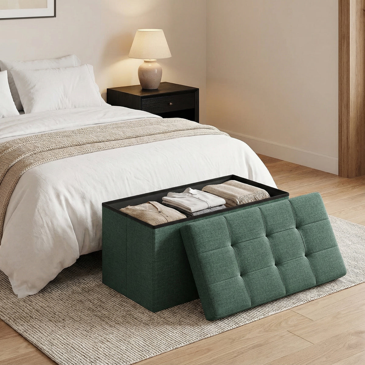 LEDREM Upholstered Storage Chest, 29.9 x 15 x 15 in, Ottoman Bench for Bedroom, Entryway, Living Room, Green