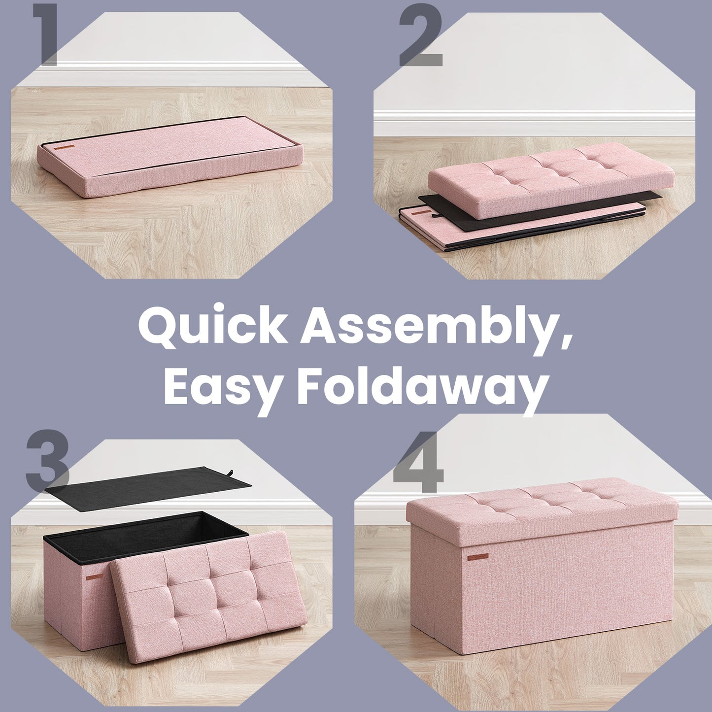Storage Ottoman - 30" Multi-Functional Bench, 660lb Capacity, 24-Gallon Storage, Linen-Look Fabric, Jelly Pink