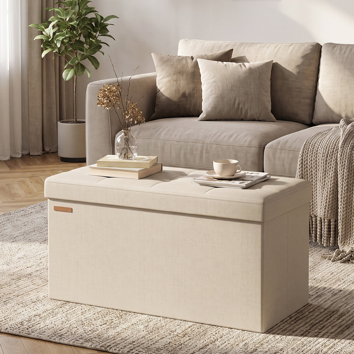 LEDREM Upholstered Storage Chest, 76 x 38 x 38 cm, Ottoman Bench for Bedroom, Entryway, Living Room, White