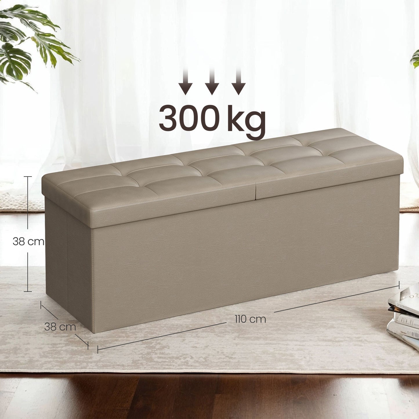 43" Foldable Storage Ottoman Bench with Removable Divider, 660 lb Capacity, for Living Room,Bedroom, Synthetic Leather, Camel Brown