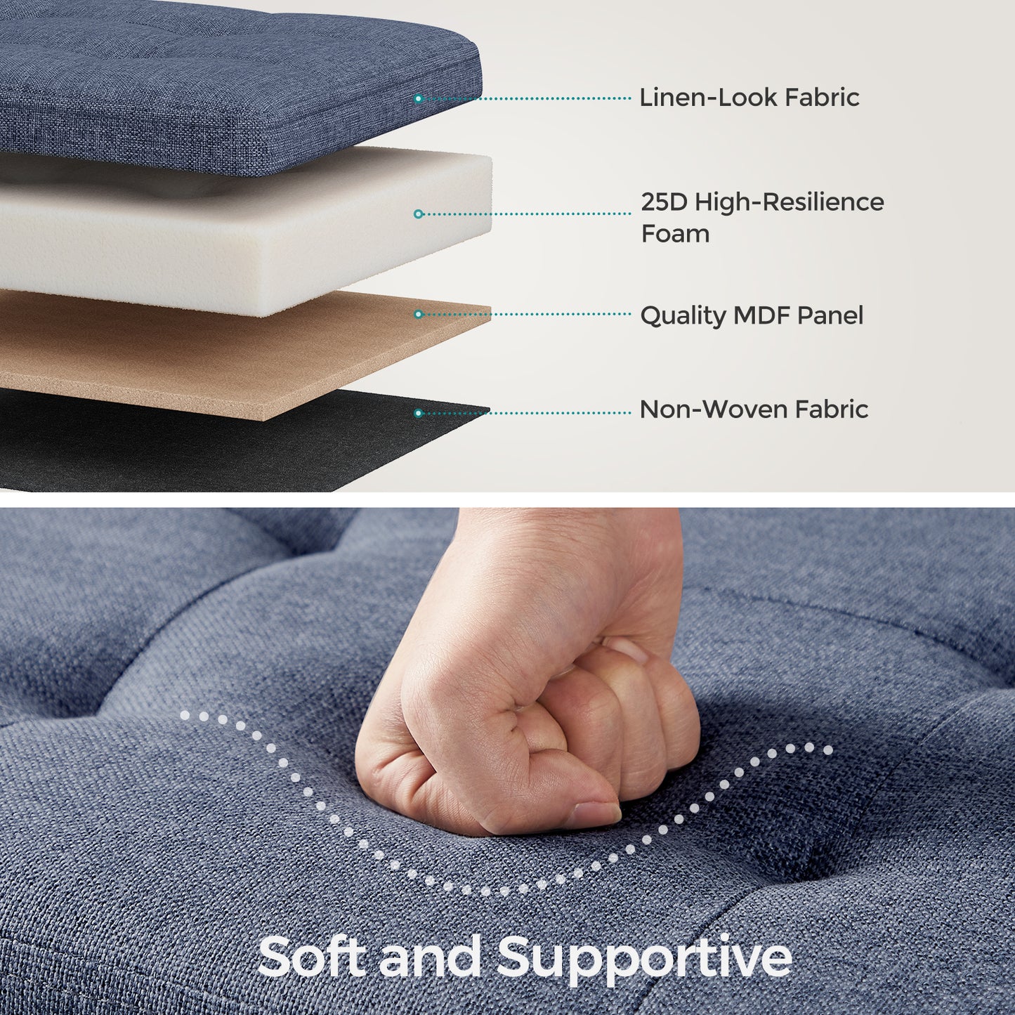 43" Foldable Storage Ottoman Bench, 660lb Capacity, 35 Gal Storage, Multi-Functional Footrest, Seat, Linen-Look Fabric, Misty Blue