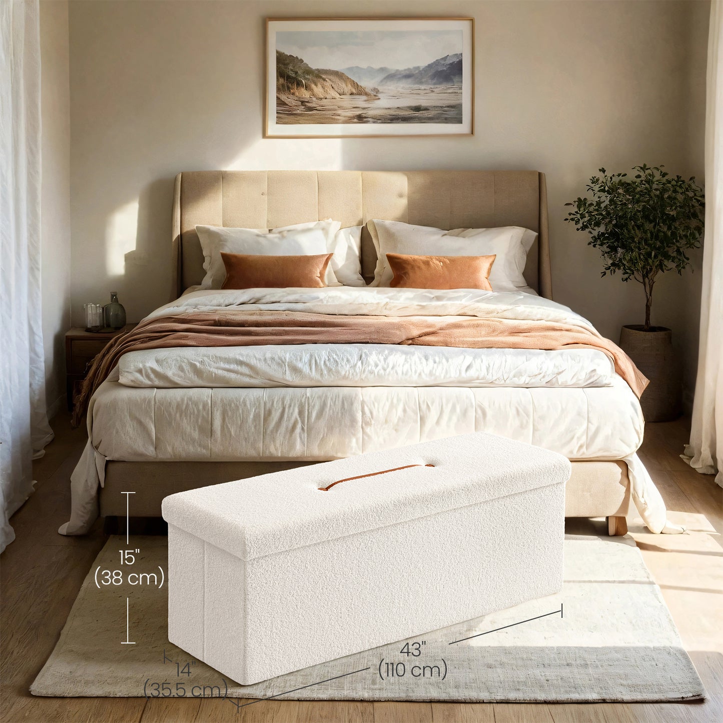 Storage Ottoman Bench - 660lb Capacity, 35-Gallon Storage, Foldable Design, Multi-Functional Footrest/Seat, Cream White