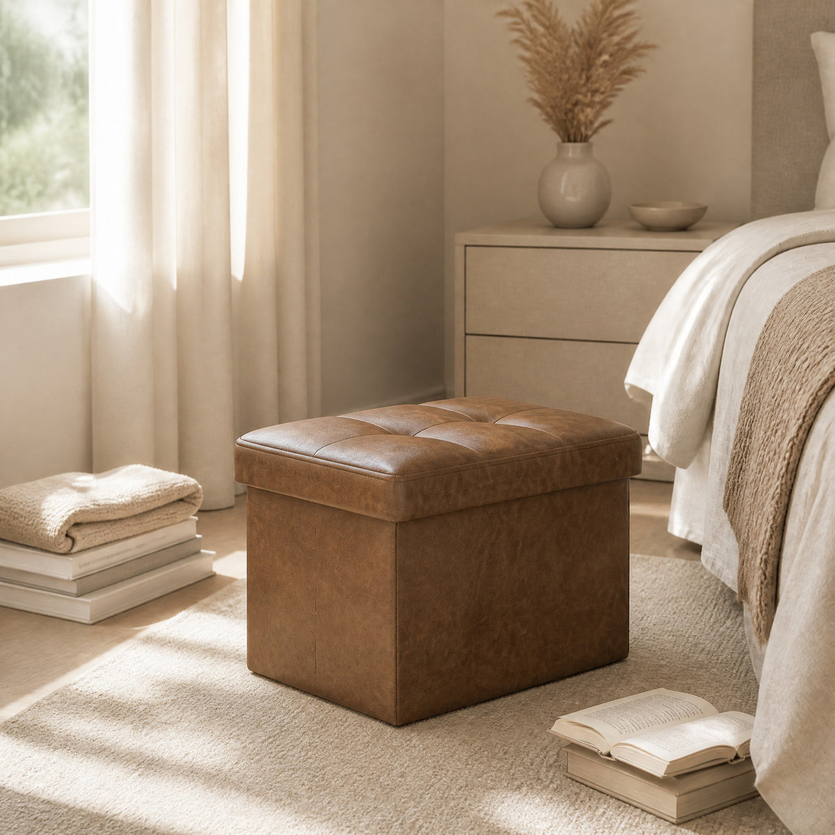 LEDREM Small Folding Storage Ottoman, Cube Foot Rest Stool, for Living Room, Dorm, Tan and Black