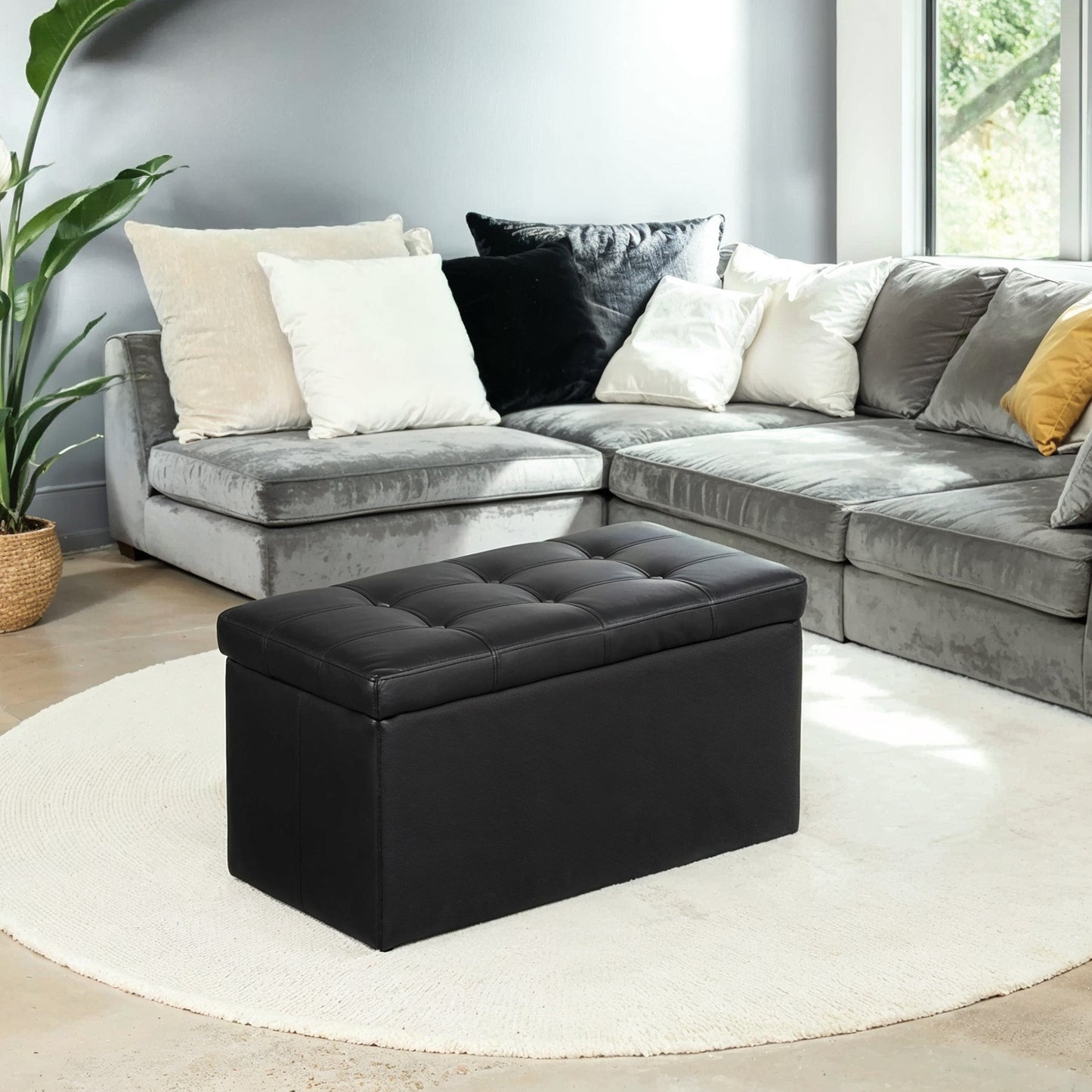 Folding Storage Ottoman Bench, 660 lb Capacity Multipurpose Footrest Stool with 24 Gallon Storage, 30 Inch, Black Synthetic Leather