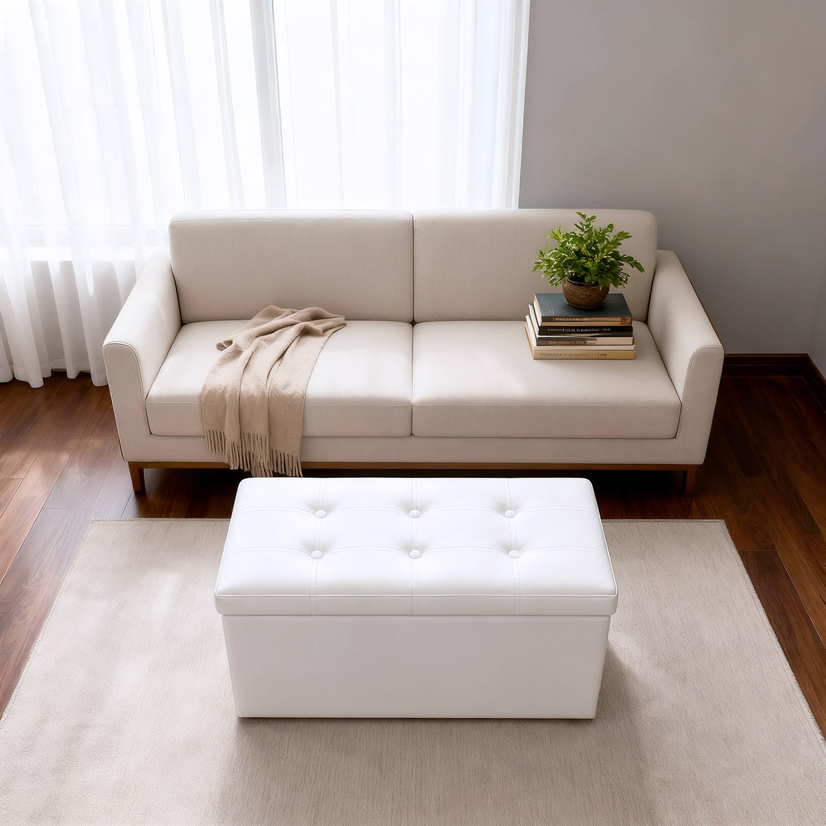LEDREM Folding Storage Ottoman Bench with Footrest and Hidden Storage, PVC Leather,MDF,Sponge,Non-Woven Fabric, White and Black