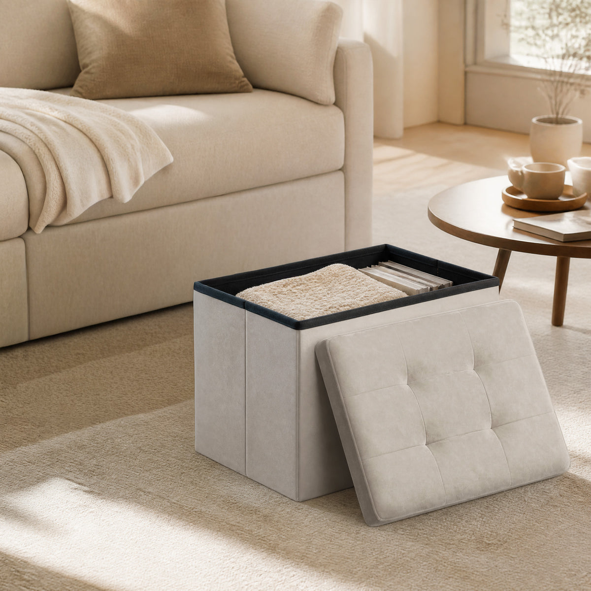 LEDREM Small Folding Storage Ottoman, Cube Foot Rest Stool, for Living Room, Dorm, White
