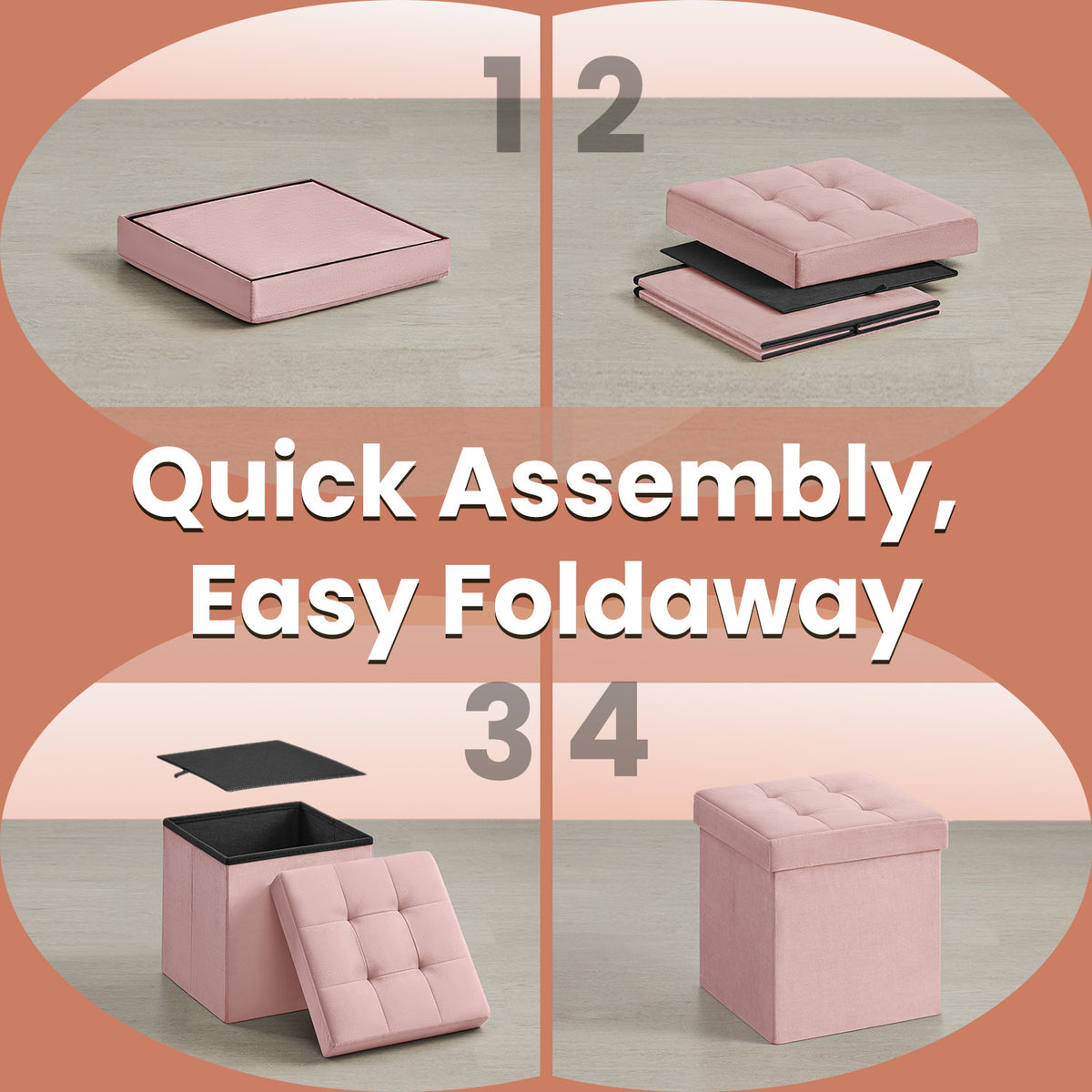 LEDREM Ottoman Storage Box, Foldable Velvet Square Footstool Pouffe, 38 x 38 x 38 cm, Pink