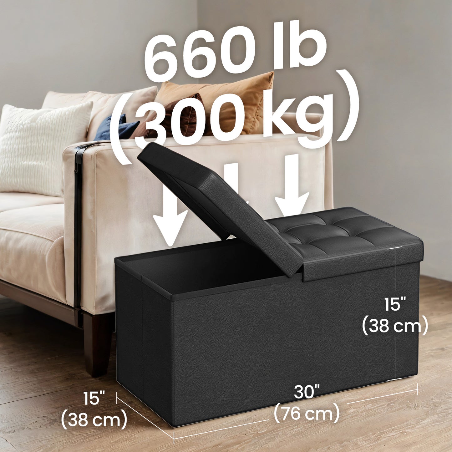 30" Storage Ottoman Bench with Flip-Top Lid, 660lb Capacity, Multi-Functional Footrest, Seat, Easy-Clean Synthetic Leather, Black